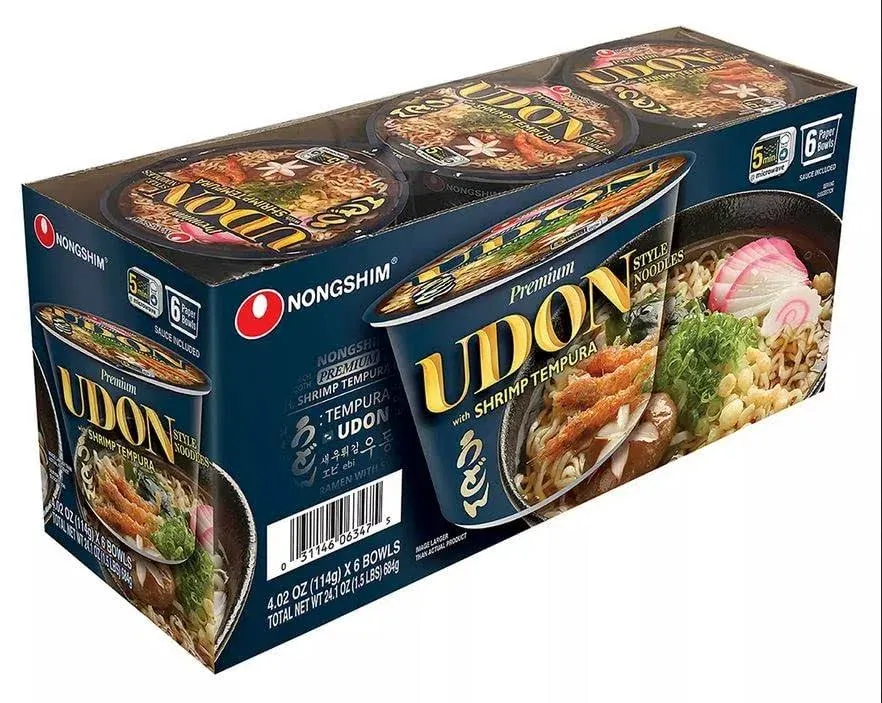 Nongshim Premium Udon Style Noodles with Shrimp Tempura, Made with Authentic Udon-Style Seasoning - 684 G / 6 x 114g