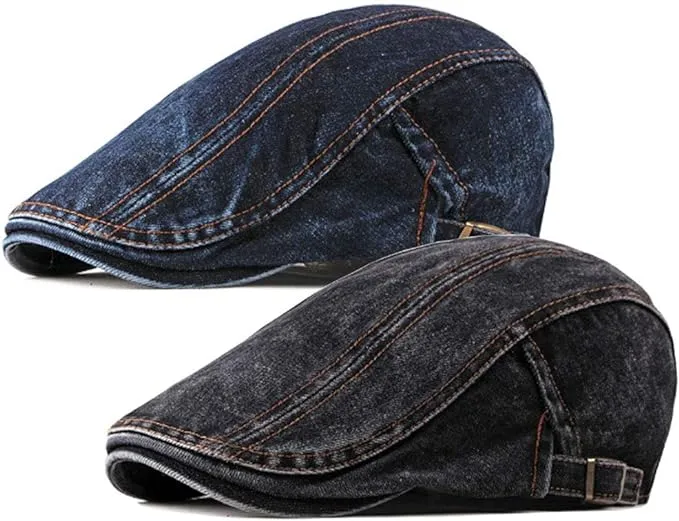 2 Pack Men&#039;s Cotton Flat Cap Ivy Gatsby Newsboy Cabbie Caps Hunting Hat, Jean...