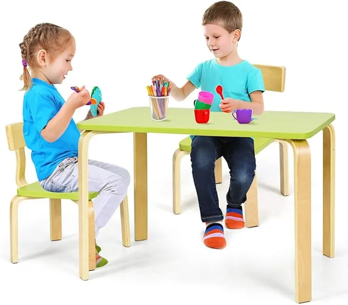 Costzon Kids Table and Chair Set, Wood Table and Chairs for Toddlers Reading, 3 Piece Furniture, Green