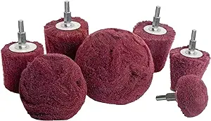 LINE10 Tools 7pk Non Woven Abrasive Drill Buffing Attachment Set, Red, Medium