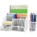 Flexzion Desk Top Caddy Organizer - White Office Desk Accessories Organizer and Storage - Metal Mesh Desk with 6 Compartments, Drawer and Pen Holder