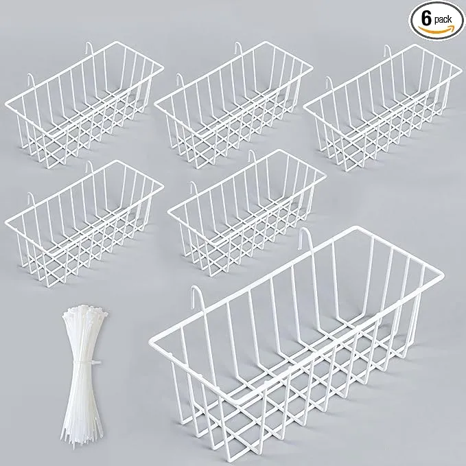 6 Pack White Wall Grid Panel Hanging Wire Basket, Wall Baskets with Hooks for Organizing, White Metal Grid Panel Accessories, Grid Wall Shelf