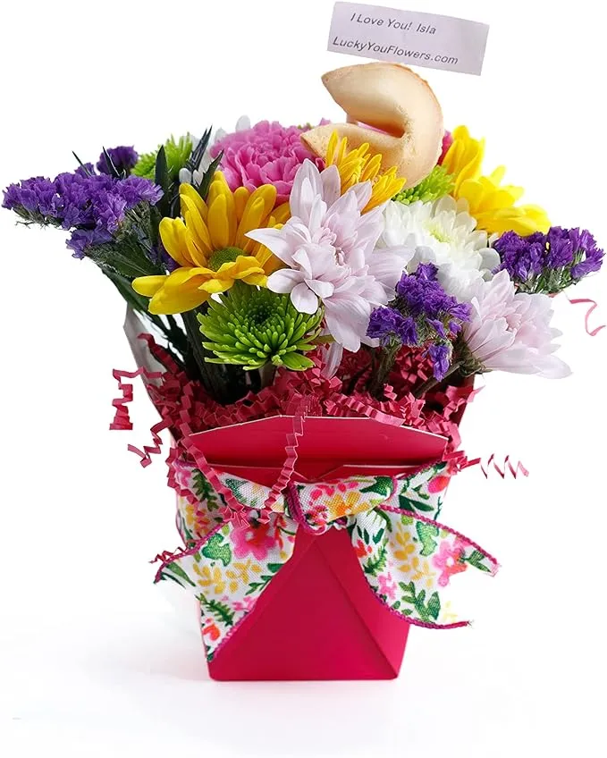 Summer Time Fresh Cut Live Flowers Arranged in a Takeout Container with Your Personal Message Tucked Inside a Fortune Cookie