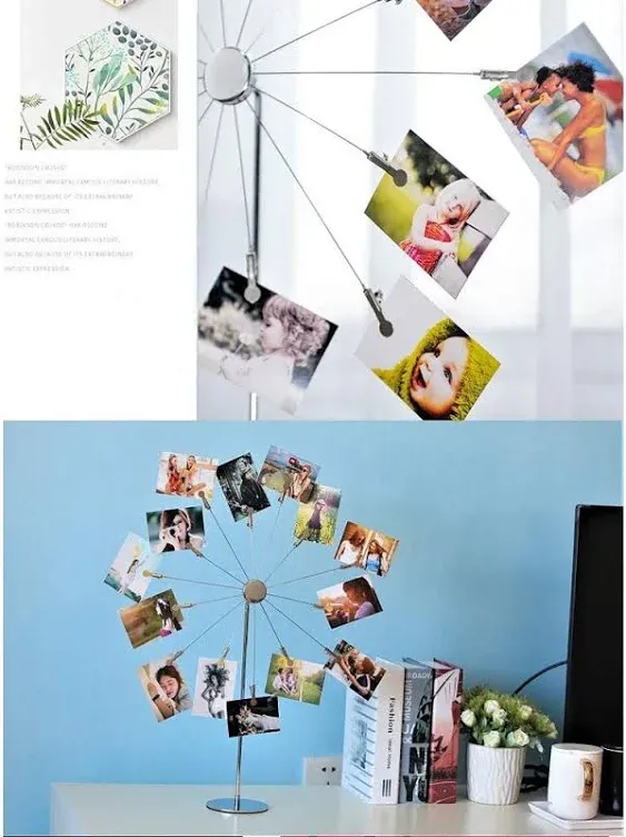 Mollytek Desktop Photo Holder With Clips Postcard Gift Card Picture Display Stand Decor Photo Tree Stand for Table Display Sky Wheel Romantic Design with Plated Wire and 14 Photo Metal Clips