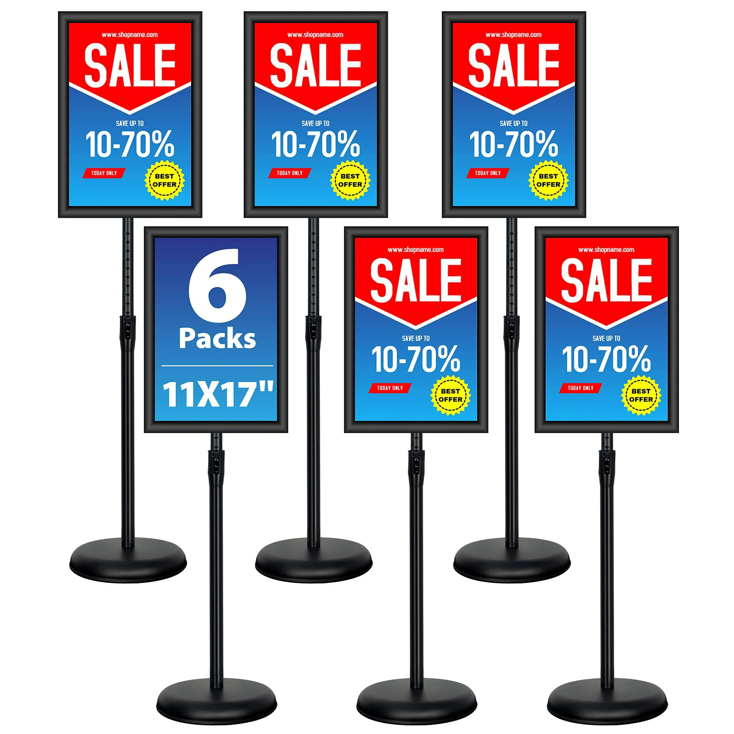 6Packs 11x17 Inch Adjustable Pedestal Poster Sign Stand, Heavy Duty Floor Standing Sign Holder Stand Aluminum Snap Open Frame for Vertical and Horizontal View Sign Displayed(Black)