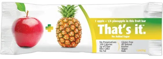 That's it. Apple + Pineapple 100% Natural Real Fruit Bar, Best High Fiber Vegan, Gluten Free Healthy Snack, Paleo for Children & Adults, Non GMO No Added Sugar, No Preservatives Energy Food (12 Pack)