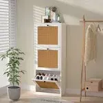 Rattan Shoe Cabinet Entryway Cabinet Wooden Shoe Rack with 2 Flip Drawers 2-Tier