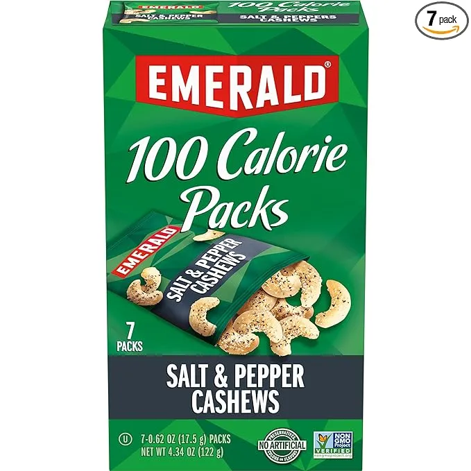 Emerald Nuts Salt and Pepper Seasoned Cashews 7ct (1-Pack), 100-Calorie Individual Packs, Kosher Certified, Non-GMO, Contains No Artificial Preservatives, Flavors or Synthetic Colors