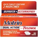 Motrin Dual Action with Tylenol, Dual Action Pain Reliever with Ibuprofen & Acetaminophen, Two Medicines for Minor Aches & Pains, Ibuprofen (NSAID) 125 mg & Acetaminophen 250 mg, 80 ct