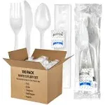 KitchenDine 100 Pack Medium Weight Wrapped Plastic Cutlery Pack with Napkin and Salt/Pepper Pack