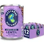 WESTBRAE 15 oz Natural Organic Lentil Beans, No Salt Added, Source of Plant Based Protein and Fiber, Low Fat, Gluten Free, (Pack of 12)