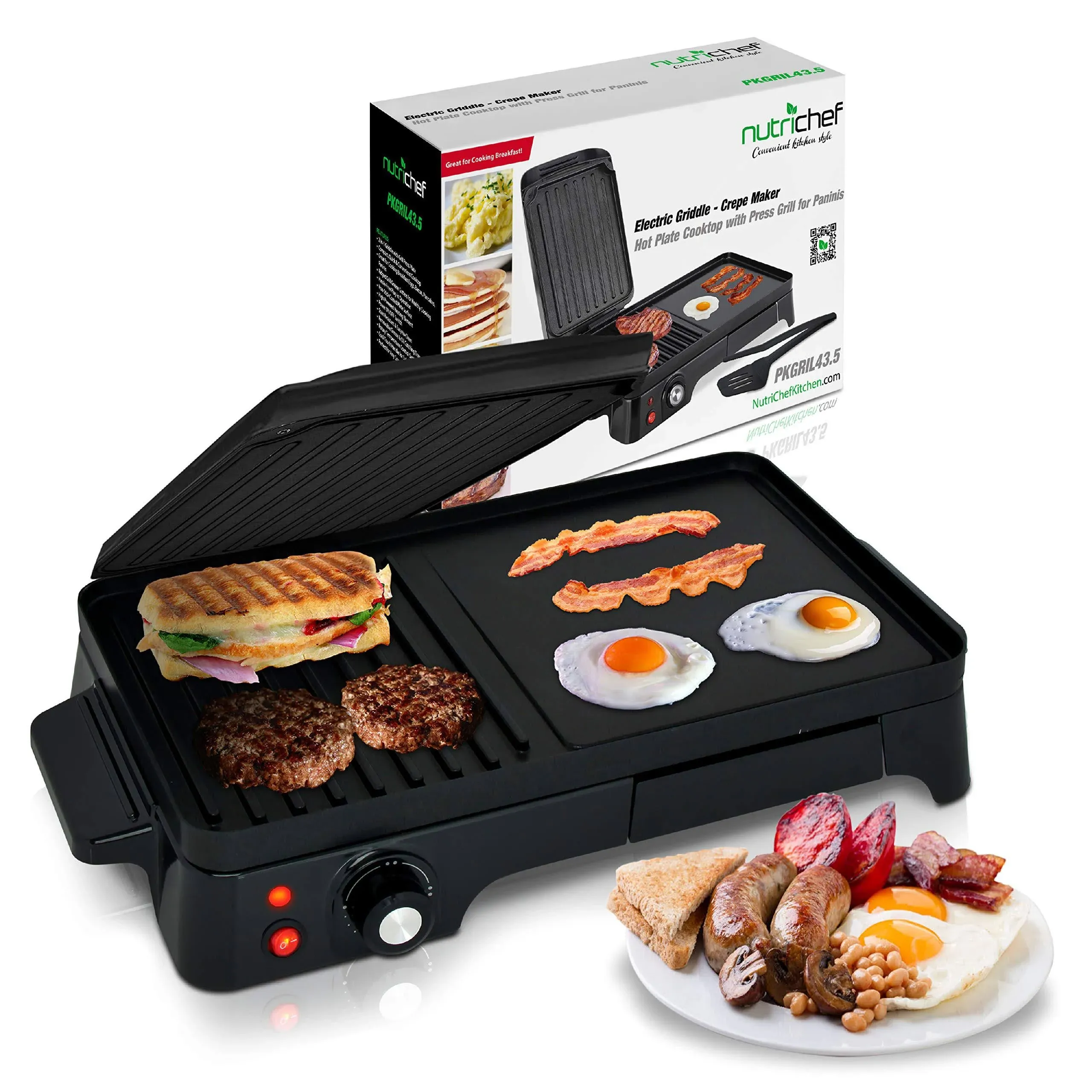 Nutrichef 2-in-1 Panini Press Grill &amp; Griddle | Nonstick Coating, Temperature