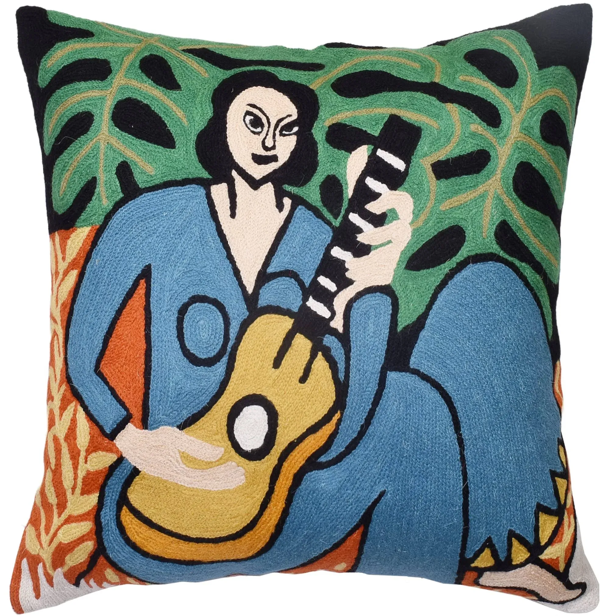 Matisse Pillow Cover The Music Lady Hand Embroidered Wool Size 18x18 - Contemporary - Decorative Pillows - by Kashmir Fine Arts & Crafts | Houzz