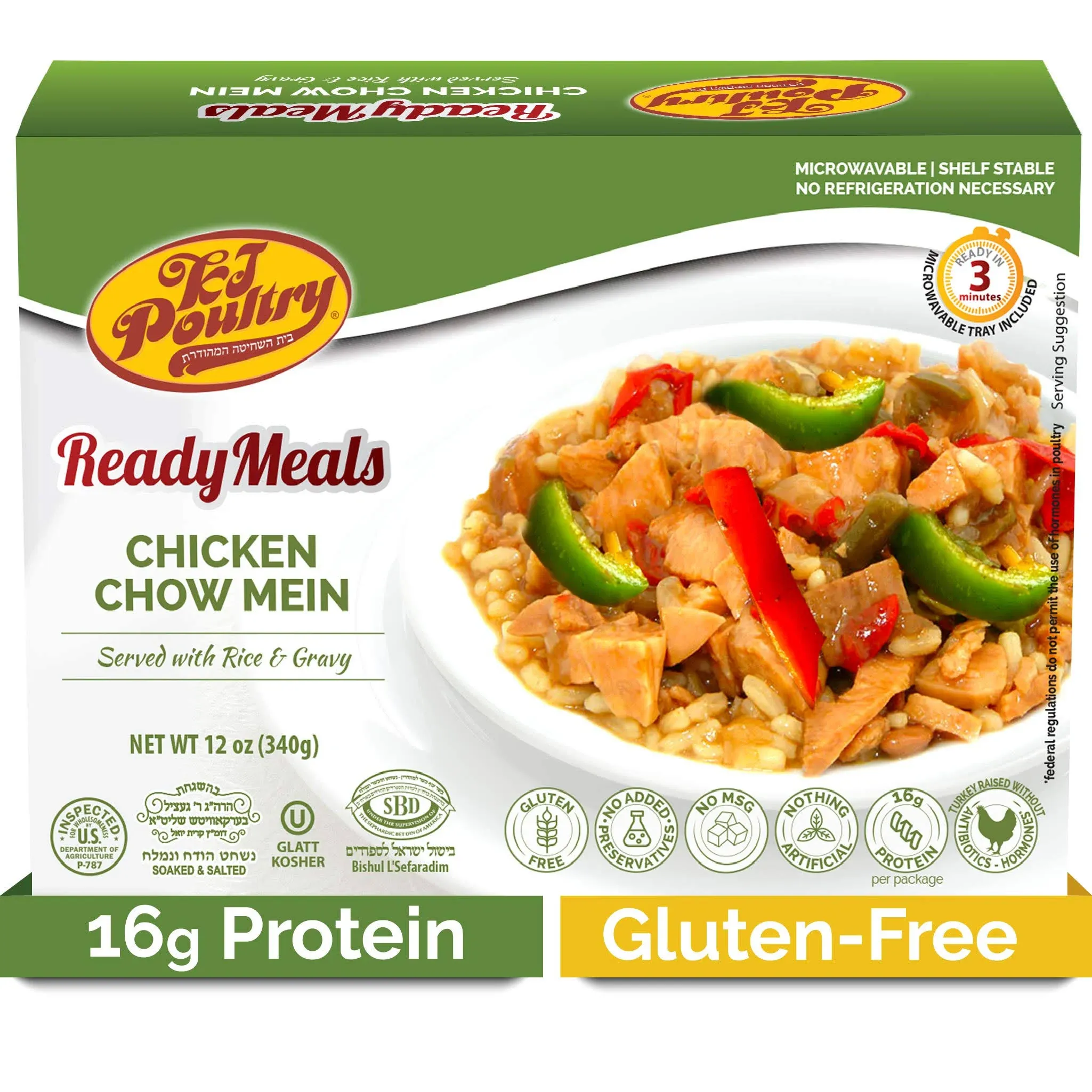 Kosher Chicken Chow Mein, MRE Meat Meals Ready to Eat, Gluten Free (1 Pack) Prepared Entree Fully Cooked, Shelf Stable Microwave Dinner - Travel, Military, Camping, Emergency Survival Protein Food