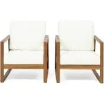 Marlee Outdoor Acacia Wood Club Chair with Cushions, Set of 2, Teak and Beige