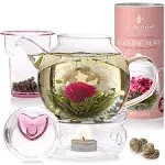 Teabloom Flowering Tea Gift Set - Glass Teapot 36 oz Tea Warmer Infuser  12 Heart-Shaped Blooming Teas