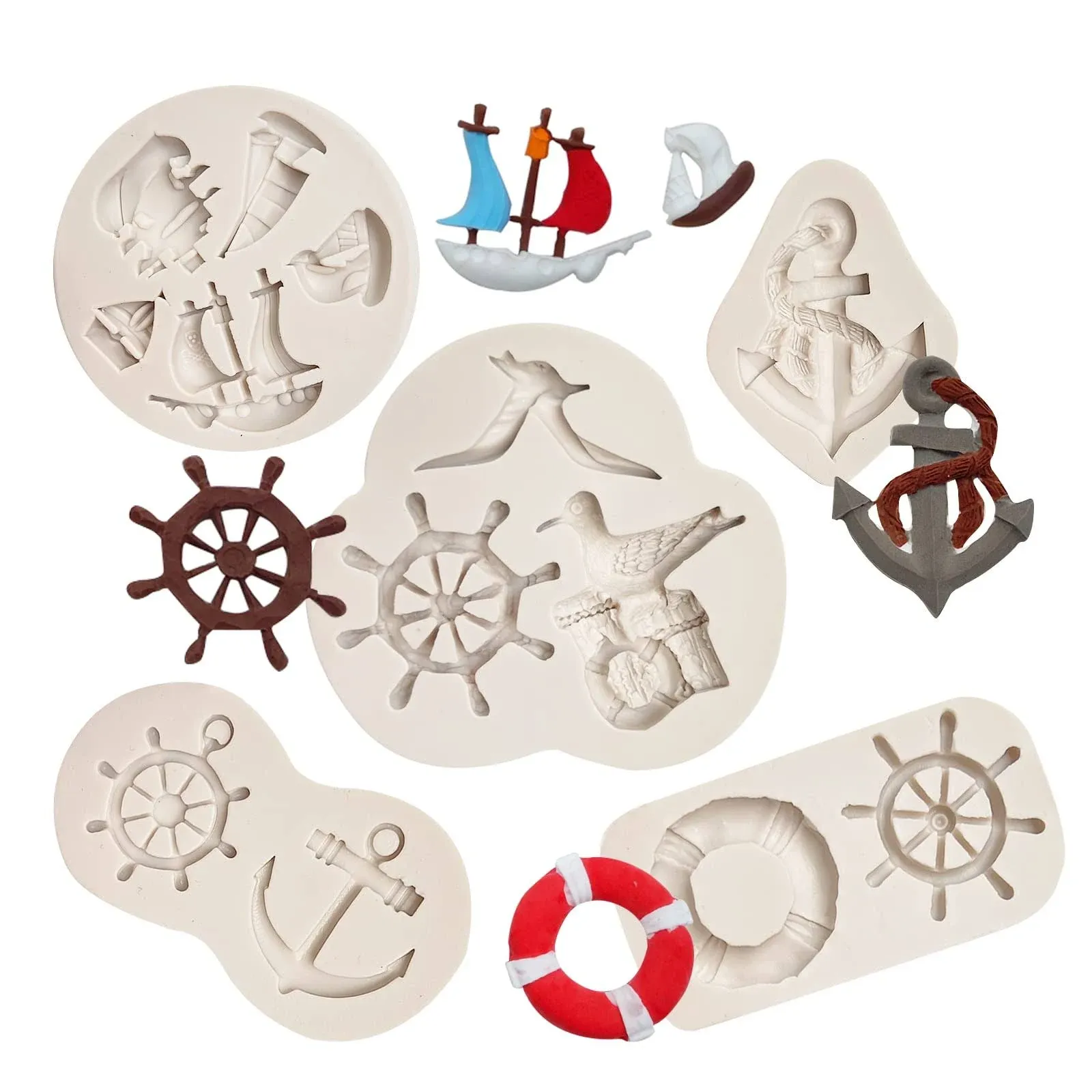 Muyulin Anchor and Rudder Fondant Moulds 5 Pcs , Seagull Sailing Boat Hook Cake Decoration Silicone Mold, used for Cupcake Decoration, Sugar Craft Glue, CH