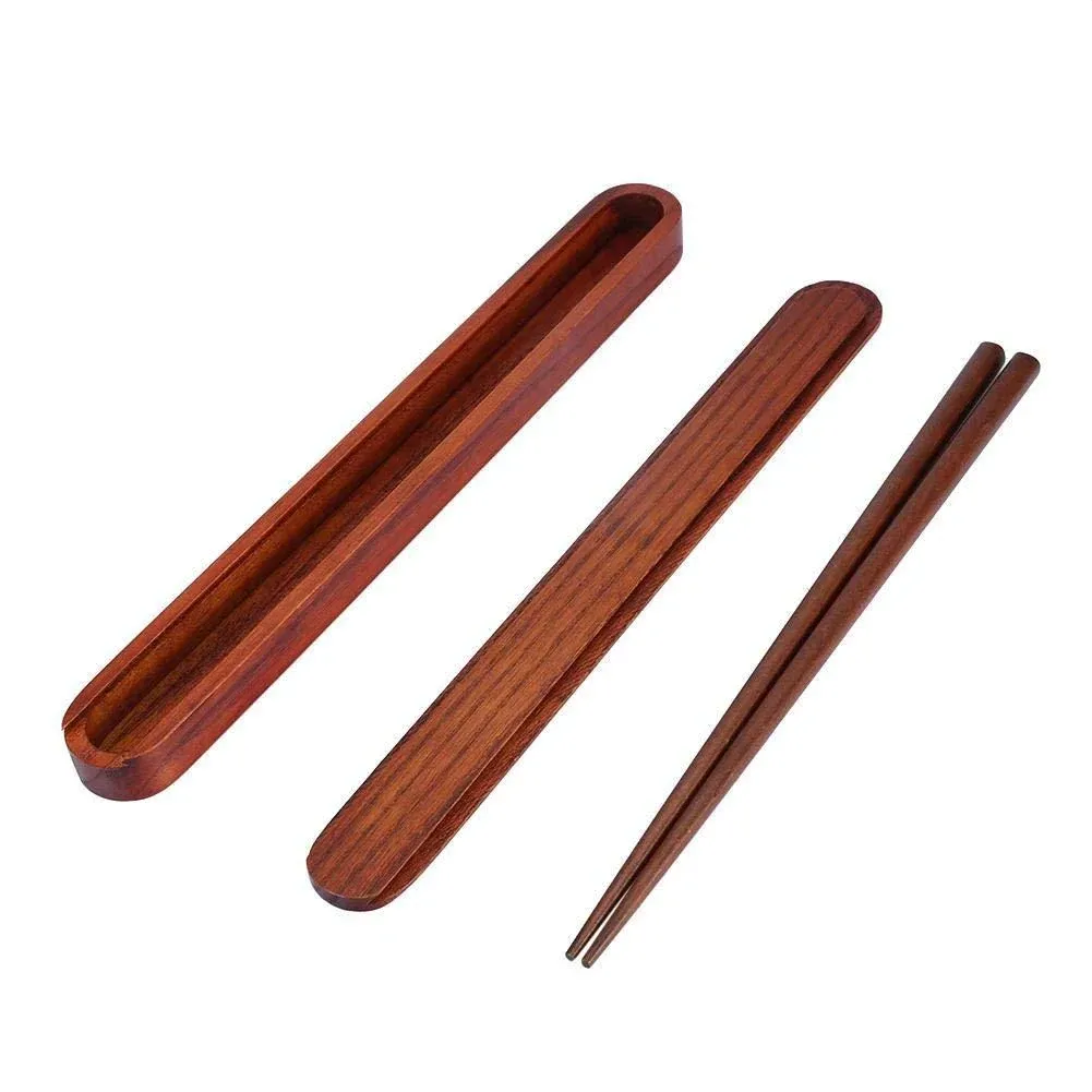 Portable Natural Wooden Chopsticks With Pull Type Chopsticks Box Case Reusable Hard One Pair Wooden Dinnerware With Two Colors for Outdoor Travel Ideal Gift 25CM/9INCH (Deep Color Wood Chocolate)