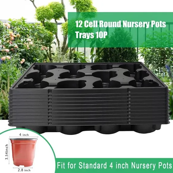 12 Cell Round Nursery Pots Trays Thickened Durable Seedling Pots Shuttle Carrying Trays for Holding 4 inch Nursery Pots (16.85" × 12.6", 10-Pack)