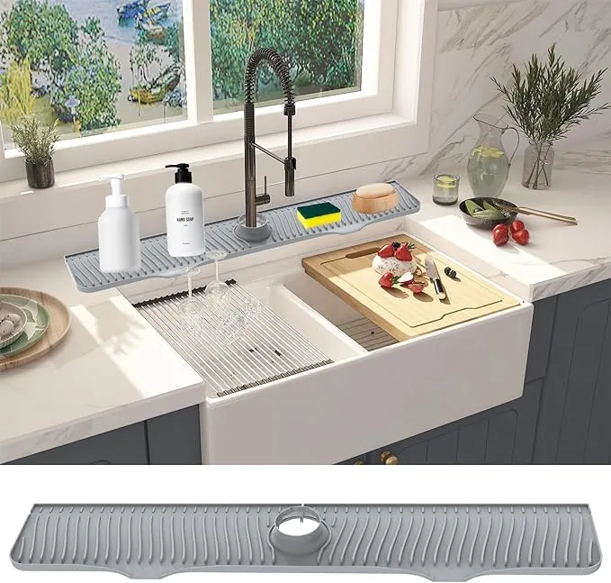 highydroLED 32 inch Sink Splash Guard, 32”x 5.5” Faucet Mat, Silicone Faucet Drainer Pad, Water Drip Catcher Mat for Kitchen, Bathroom, Laundry Room, Farmhouse, Bar RV Grey