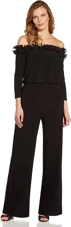 Adrianna Papell Ruffled Off-The-Shoulder Jumpsuit - Black - Size 16