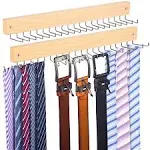 Tie Rack Wall Mounted, Natrual Wood Tie Organizer Holds 20 Ties/Belt/Purse, Tie and Belt Organizer w/ 360° Roatable Hooks,Screw Nail, Ideal for Installation on Wall、Door、Closet, 2 Pack, Natrual