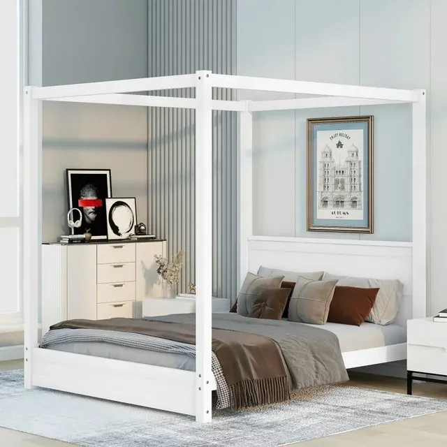 Modern Wood Canopy Bed Frame Queen Size With Headboard/Foot<wbr/>board Four-poster Bed