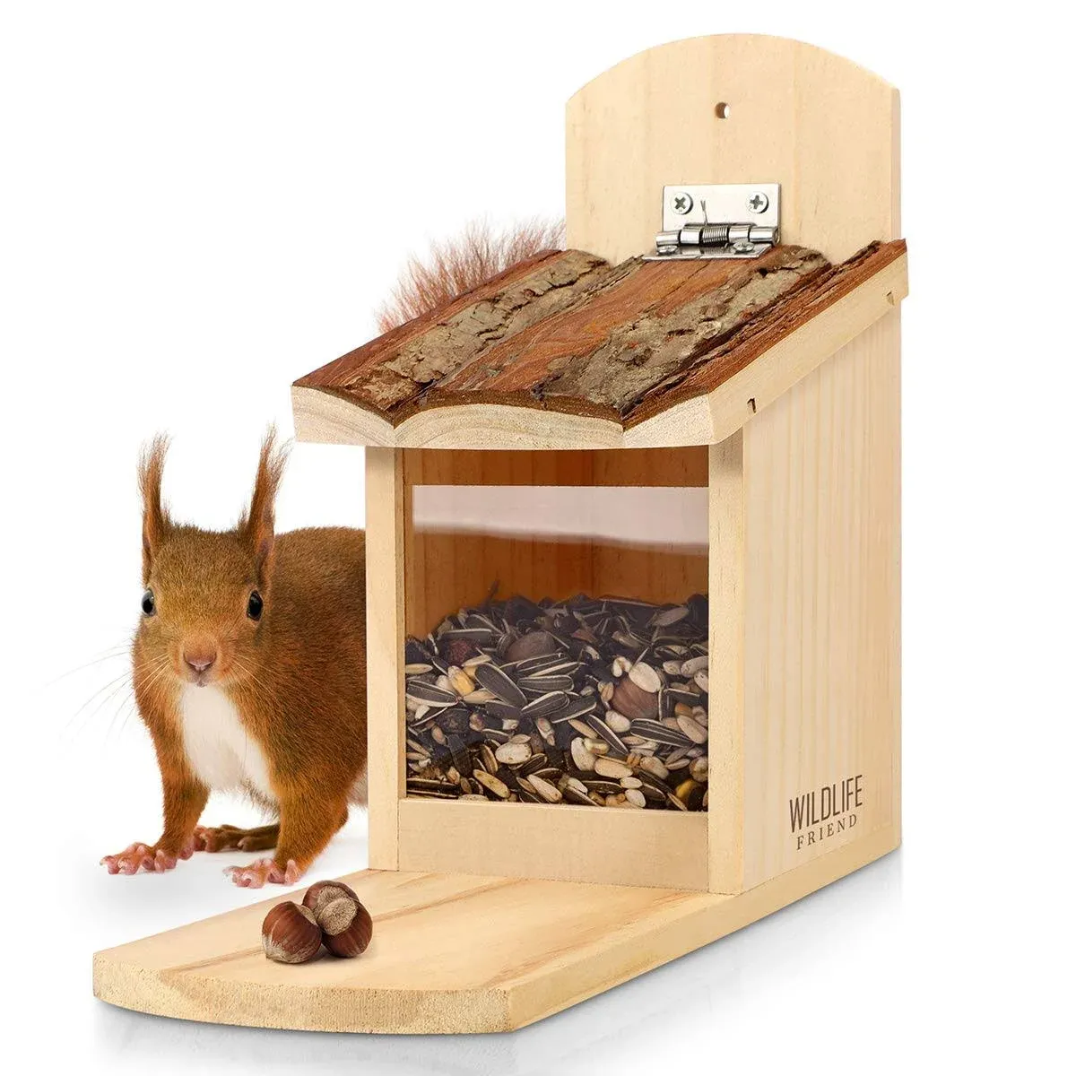 Wildlife Friend - Squirrel Feeding House Made of Solid Wood with Bark Roof ...