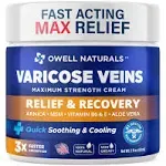 OWELL NATURALS Varicose & Spider Vein Leg Cream 2oz with Vitamin E - Maximum Strength All Natural Formula, Fast Acting Discomfort Reliever for Joint, Muscle, Knee (1 Pack)