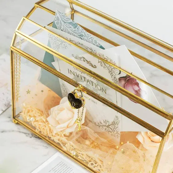 Gold Wedding Glass Card Box with Slot and Heart Lock, Large Clear Card Box for Wedding Reception, Bridal Shower, Handmade Brass Glass Display Box Wedding Centerpiece