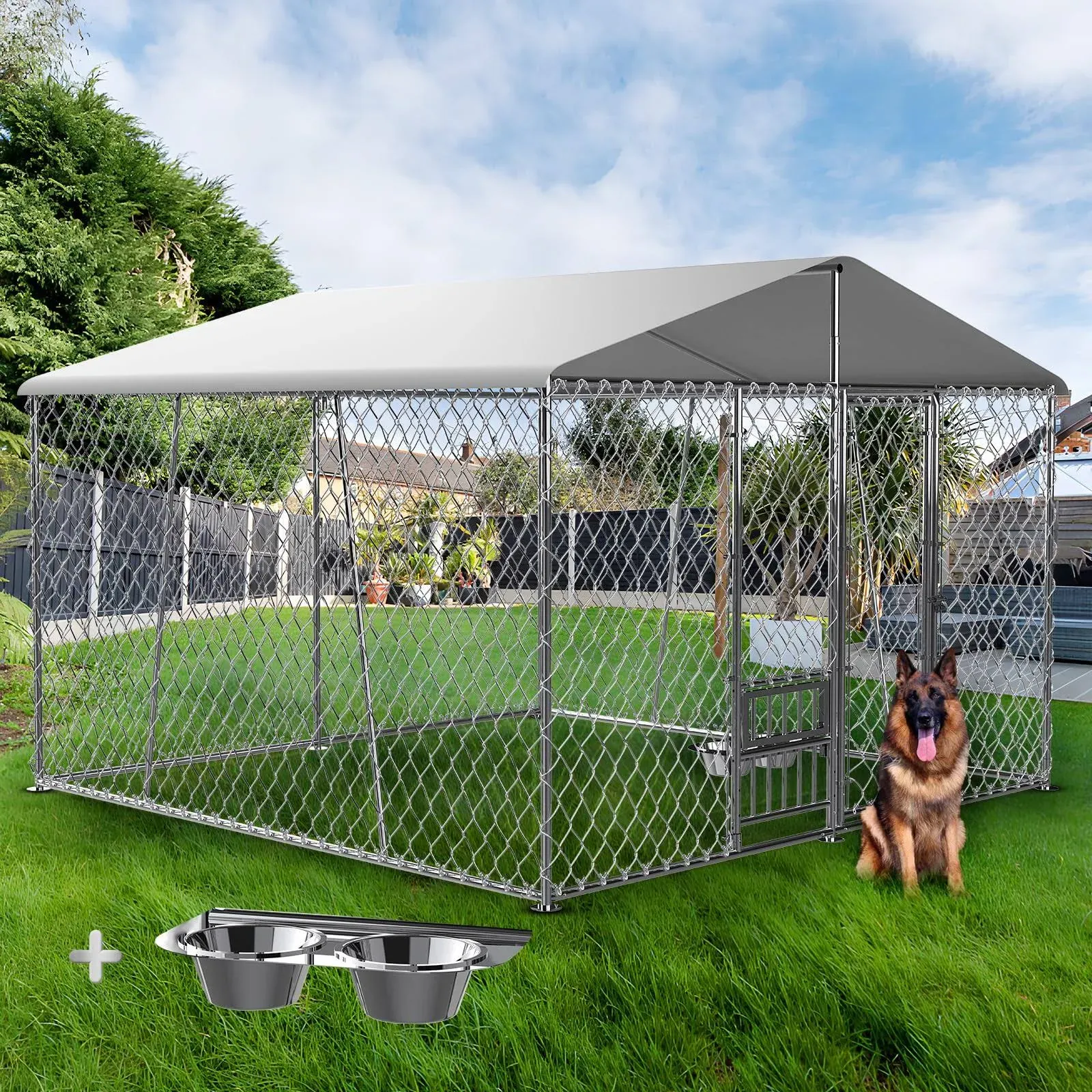 Lyromix Upgraded 10x10x7FT Outdoor Dog Kennel with Roof and Bowls, Large Dog ...