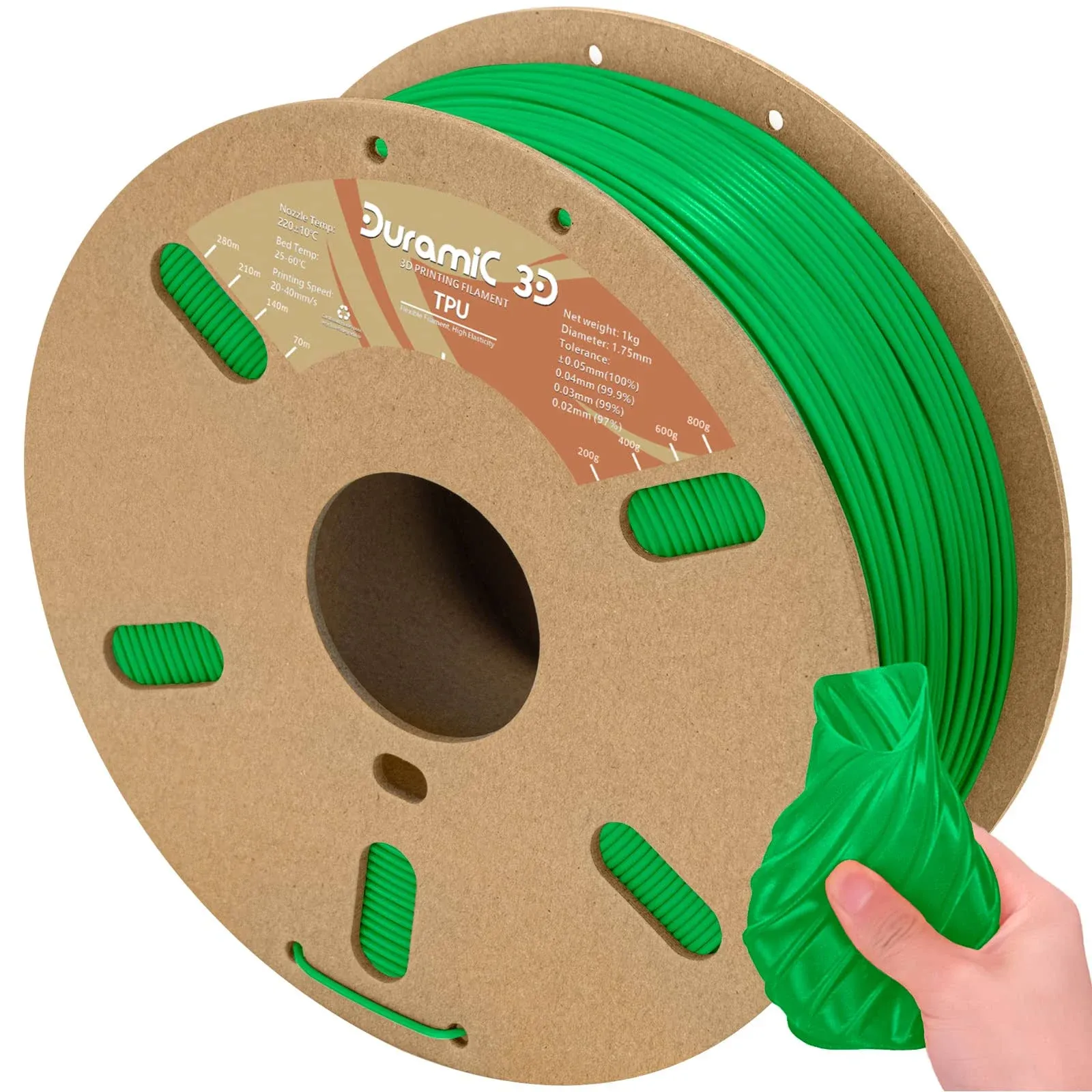 DURAMIC 3D TPU Filament 1.75mm Green, TPU Flexible Filament 95A, Soft TPU 3D Printing Filament, 1kg Spool, Dimensional Accuracy +/- 0.05mm, Green 1 Pack