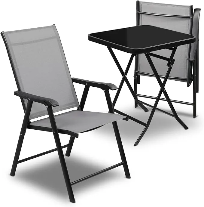 MoNiBloom 3 Piece Patio Bistro Dining Furniture Set w/ Tempered Glass Tabletop, 2 Foldable Metal Frame Chairs, for Backyard, Gray, Size: Small