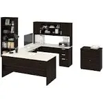 Bestar Ridgeley U-Shaped Desk with Lateral File and Bookcase, Dark Chocolate & White Chocolate