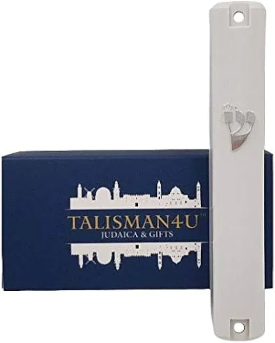 TALISMAN4U Waterproof White Mezuzah Case with Scroll Classic Judaica Israel Plastic Door Mezuza Silver Shin (4 Inches - 10 cm)