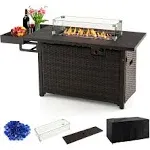 52 Inches Outdoor Wicker Gas Fire Pit Propane Fire Table with Cover-Brown