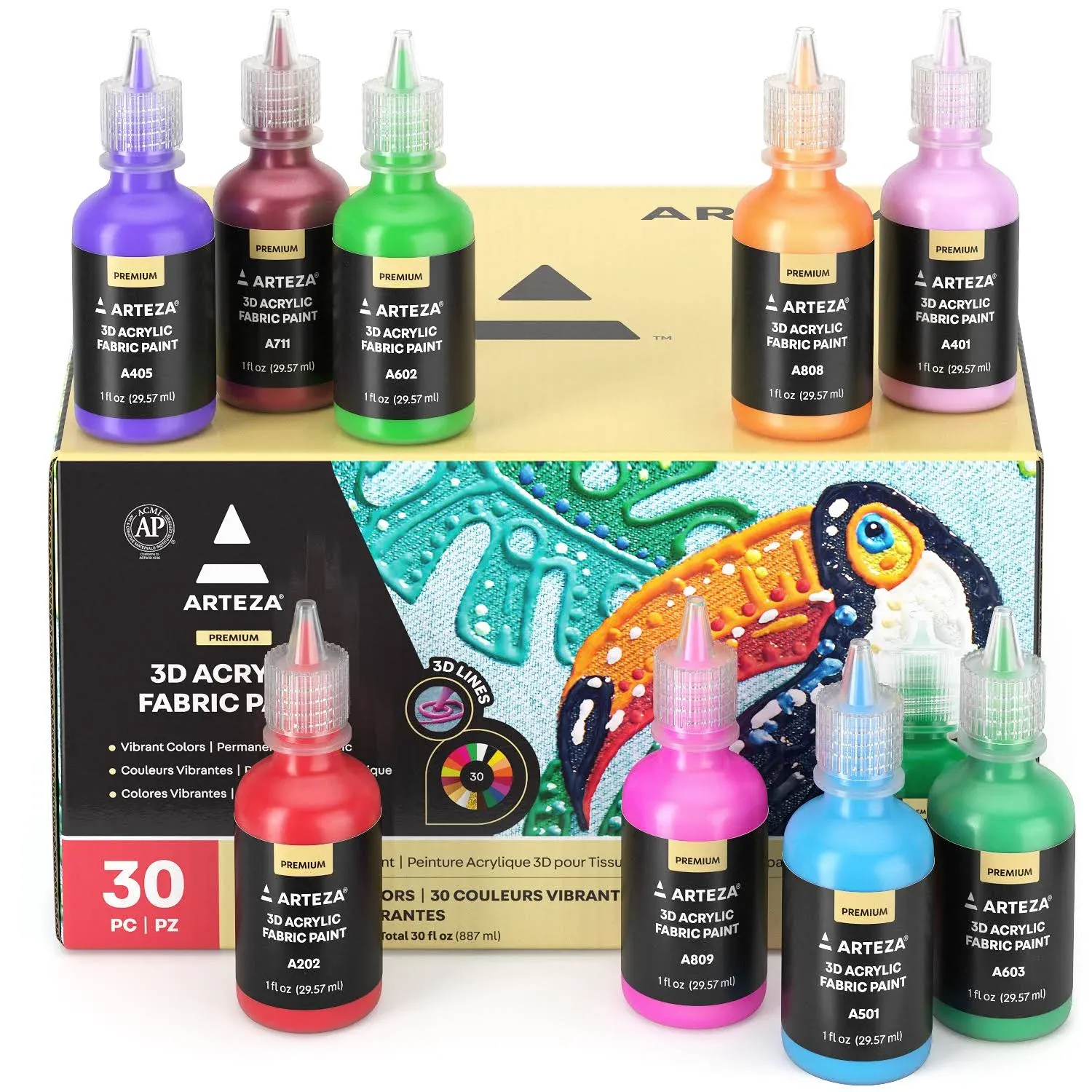 ARTEZA Premium 3D Acrylic Fabric Paint, Vibrant Colors, 30 Count