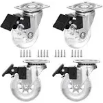 2" Caster Wheels Set of 4, Heavy Duty Casters with Brake, Crystal Clear Swivel Plate Castors, No Noise Locking Casters with Transparent Polyurethane (PU) Wheels (2 inch)