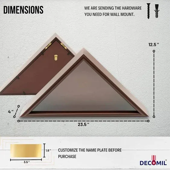 DECOMIL - 5x9 Inches Flag Display Case for American Veteran Burial Flag, Personalised Customized Name Plate, Solid Wood, Cherry Finish, UV Protection HQ Plexiglass