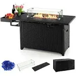 52 Inches Outdoor Wicker Gas Fire Pit Propane Fire Table with Cover-Black