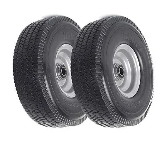 (2-Pack) 2.50-4 Solid PU Run-Flat Tire Wheel Assemblies - 8 Flat Free Tubeless Tires and Wheels for Utility Equipment - 5/8 Axle Bore Hole, 2 1/4