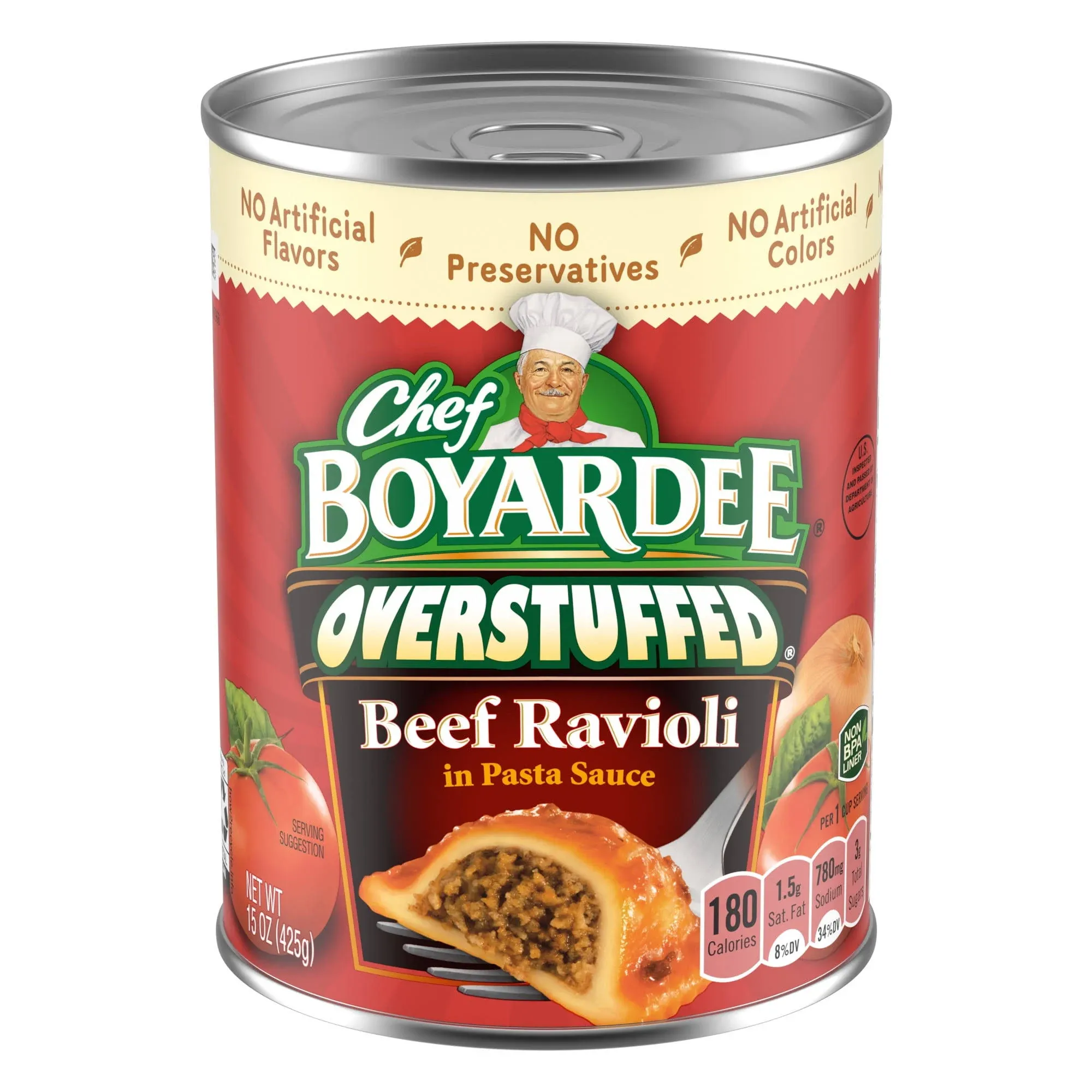 Chef Boyardee Overstuffed Beef Ravioli in Tomato &amp; Meat Sauce, 15oz Can, 12 Pack