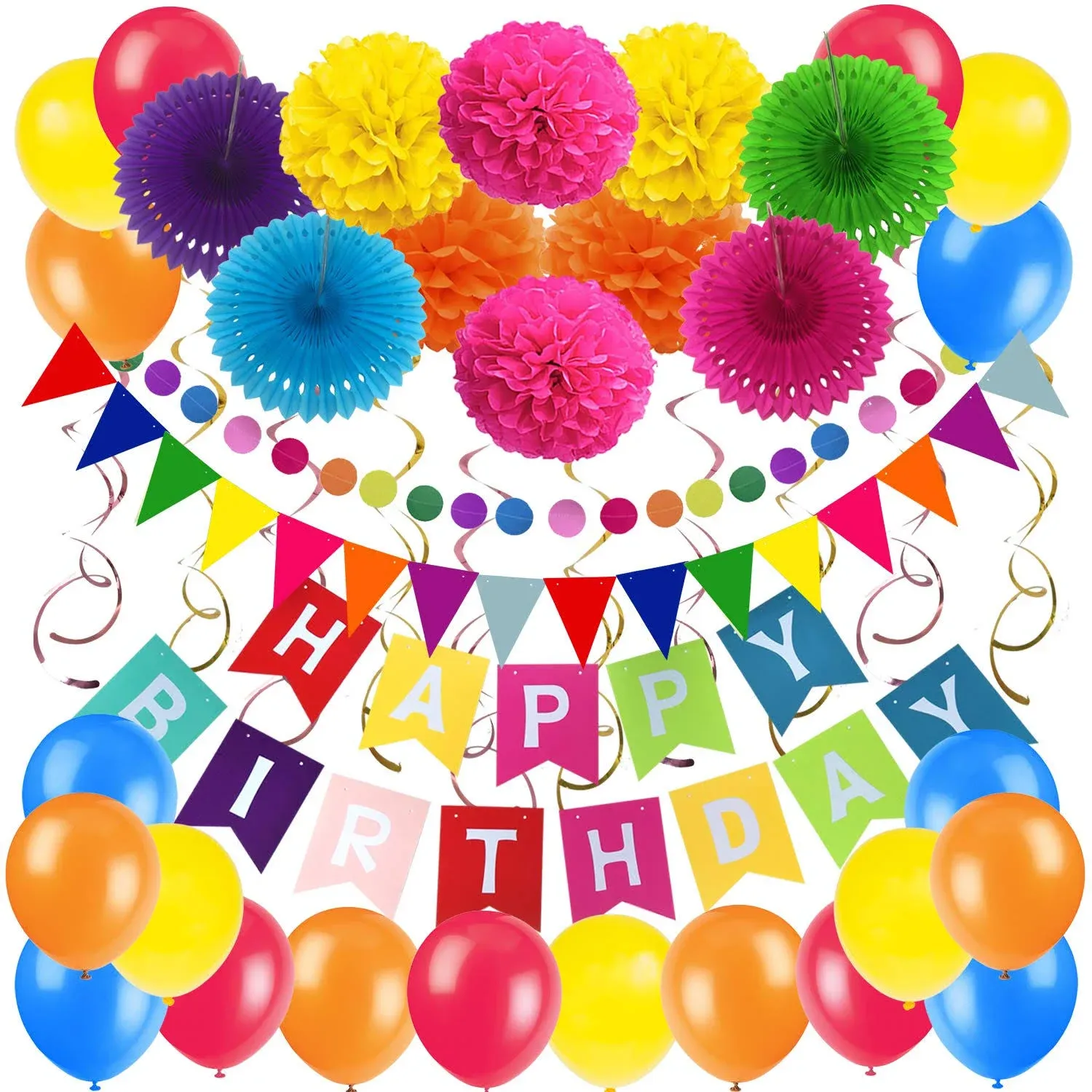 Happy Birthday Decoration Set- Paper Fans, Pom Poms, Banner, Swirls &amp; Balloons