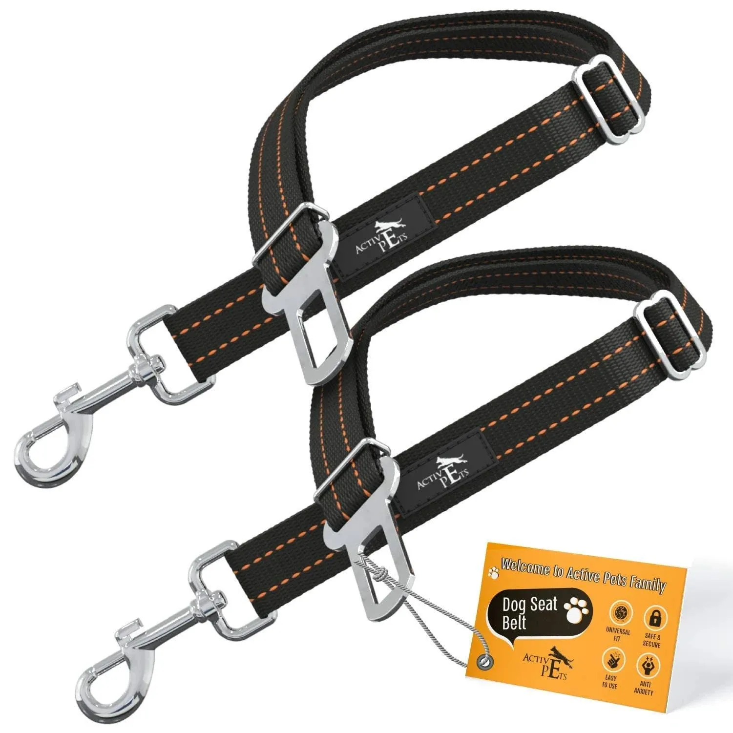 Active Pets Dog Car Harness - Pack of 2 Dog Seatbelts for Cars, Trucks, Travel - Tether Belt for Small & Large Dogs - Orange