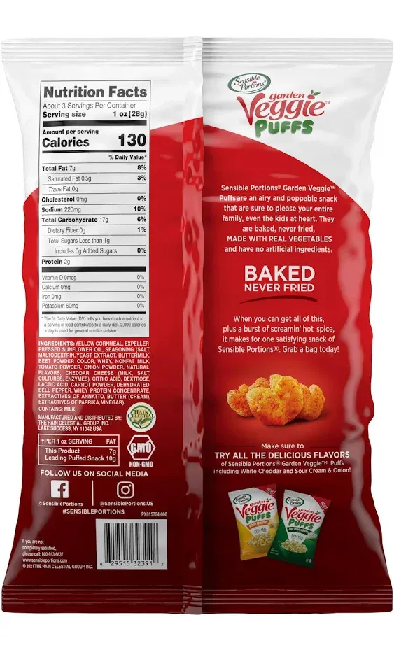 Sensible Portions Garden Veggie Puffs, Screamin' Hot Flavored Baked Corn Puffs, 3.75 oz (Pack of 6)