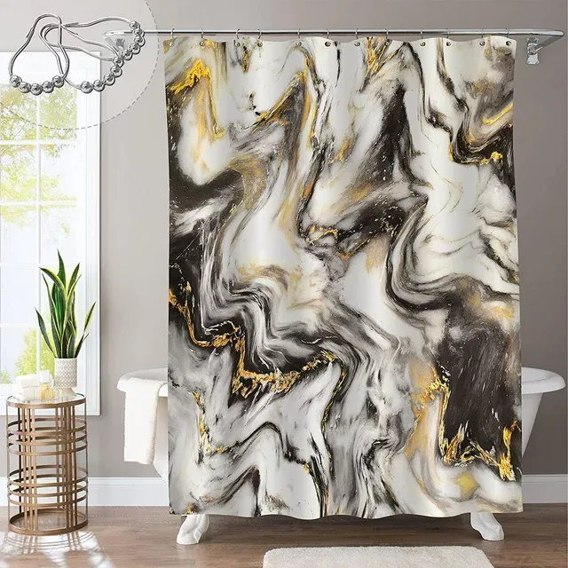 Small Stall Shower Curtain 36 x 72, Half Narrow Abstract Grey Gold Marble Shower Curtain, Modern Luxury Neutral Art Waterproof Fabric Shower Curtain for Bathroom Decor