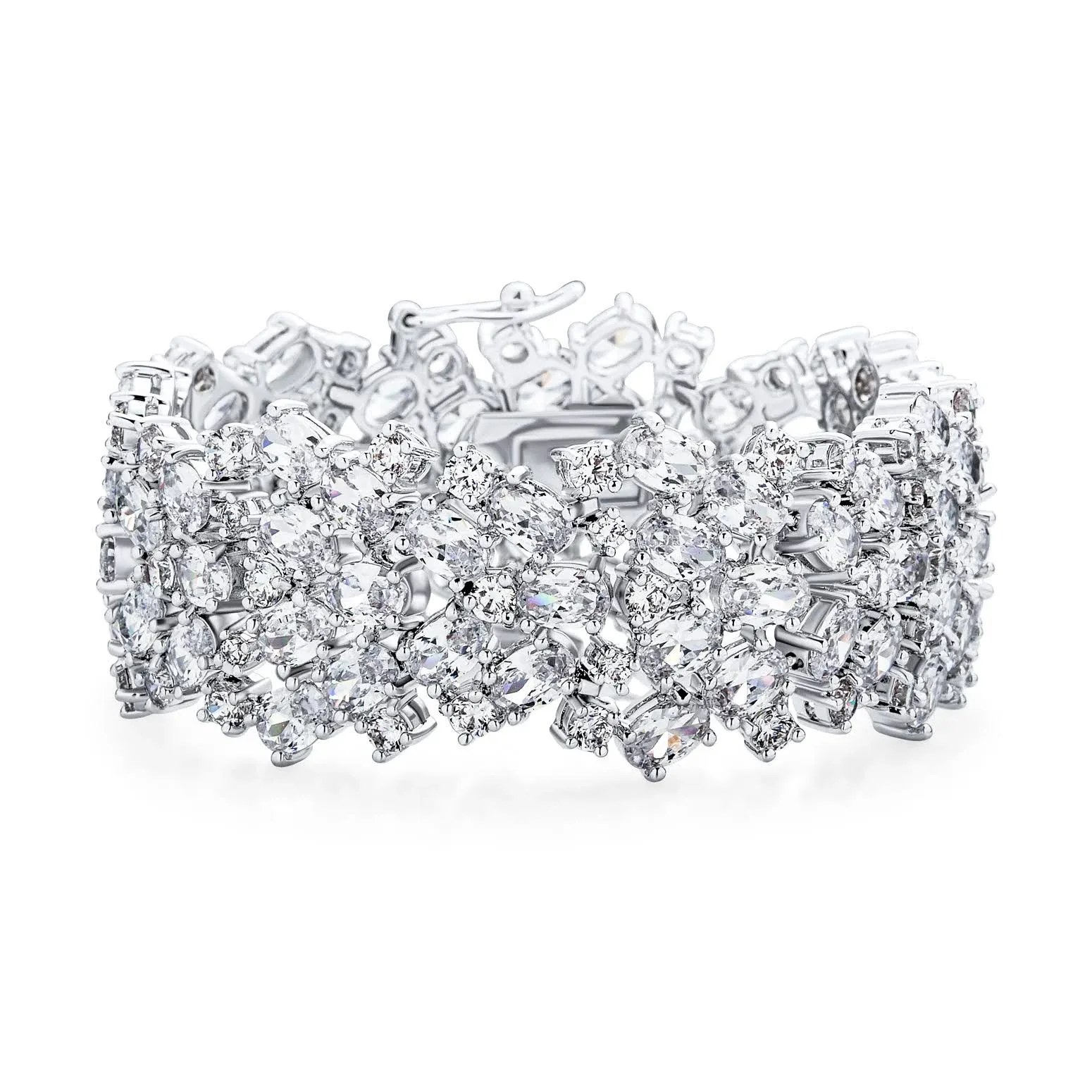 Bling Jewelry Bridal Wedding AAA CZ Wide Statement Bracelet Cluster Silver Plated