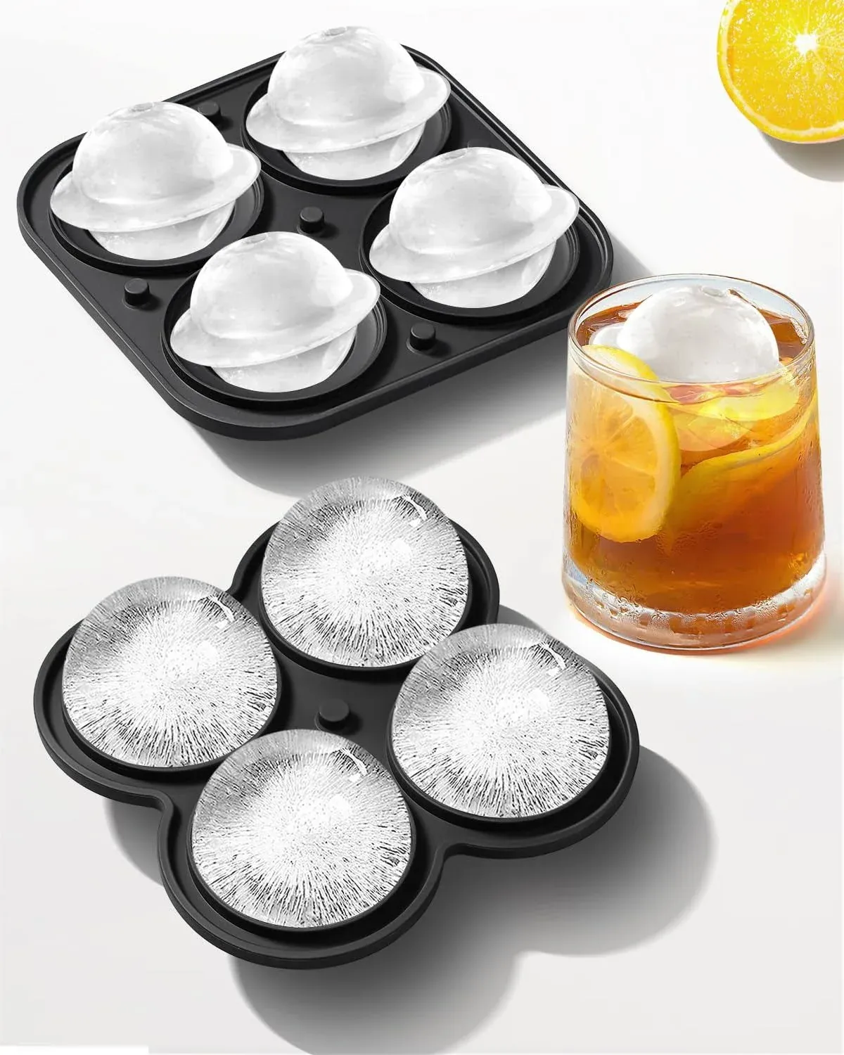 Large Ice Cube Molds with Lid Silicone Ice cube Tray 4 Round Ice Cube Molds +...