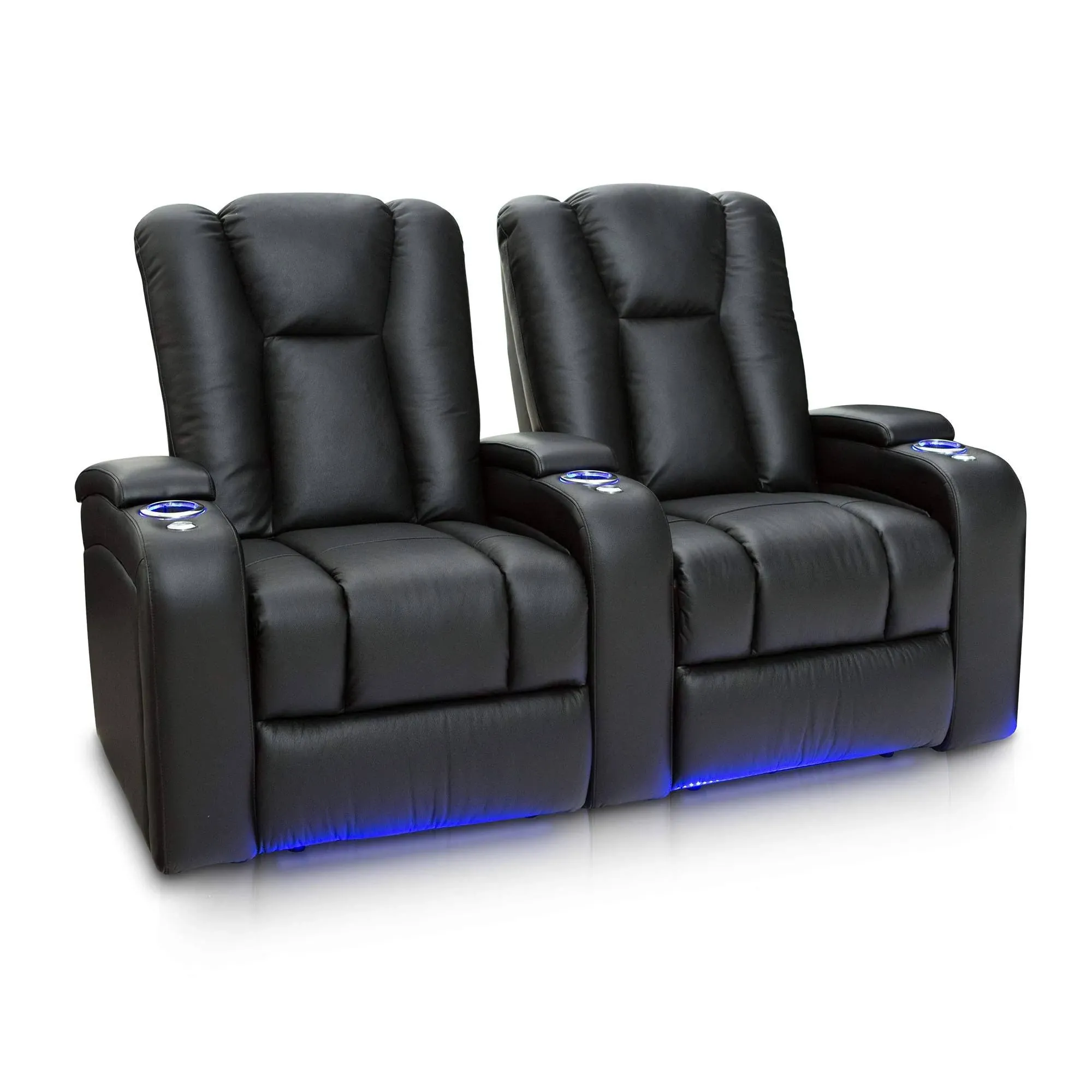 Seatcraft Serenity Leather Home Theater Seating - Living Room - Power Recline - Tray Tables - in-Arm Storage - Ambient Base Lighting and Lighted Cupholders (Row of 2, Black)