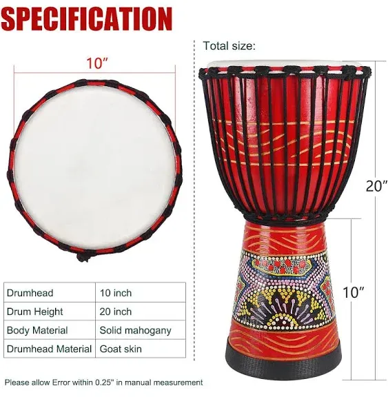 lotmusic African Djembe Drum, Standard 10'' Hand-Carved Mahogany Congo Drum, Professional Bongo Drum With Goatskin Drumhead for Adults